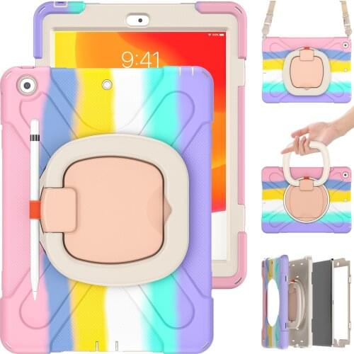 Kid Case for iPad 8th 7th Generation Fashion Hybird Armor Shoulder Strap Pencil Holder Ring Kickstand Cover for iPad 10.2 Funda