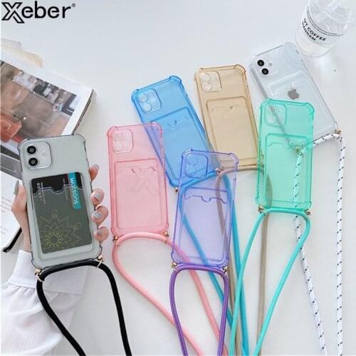 Lanyard Necklace Wallet Card Slots Holder Phone Case For iPhone 11 12 Pro Max Mini XS X XR 8 7 Plus SE Clear Soft Silicone Cover