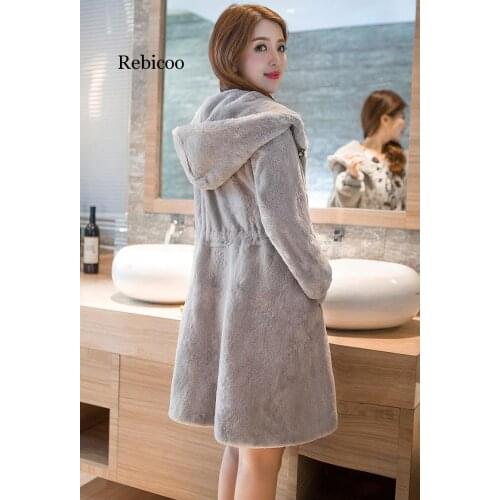 Long hooded winter fur coat fashion Korean imitation rabbit hair Slim autumn gray coat Outwear Plus size 3XL Trench Big fur