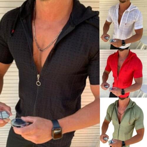 Men Hooded Grid T-shirt Shirt Summer Casual Zipper Short Shirt Sleeve Formal Dress Shirts Men Hawaii Vacation Jogging Shirt
