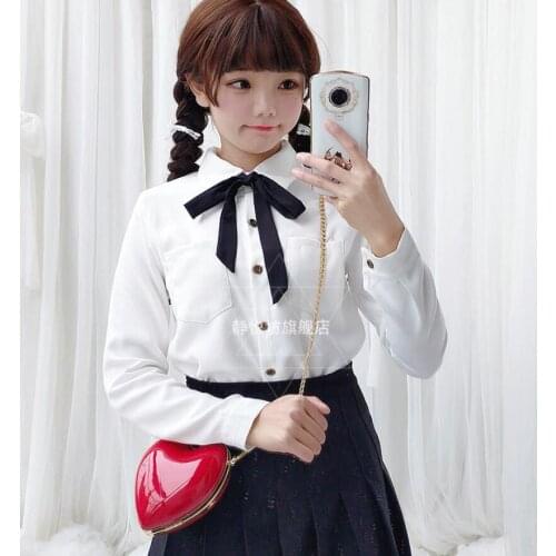 POLO collar Bowknot long sleeve temperament sweet shirt female sweet Slim student college style shirt Lolita Cos Loli shirt