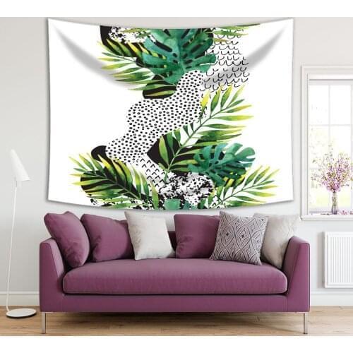 Tapestry Tropical Foliage Palm Monstera Leaves and Doodle Patterns Modern Artwork Green Black