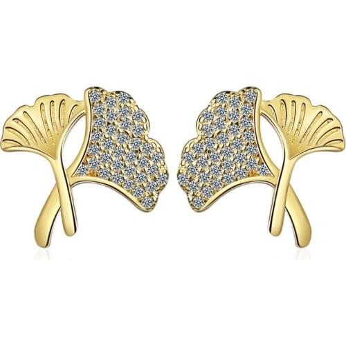 Exquisite Ginkgo Gold Earrings Girl Jewelry Fashion Princess Sterling Silver 925 Earring Female Shiny Cubic Zircon Accessories