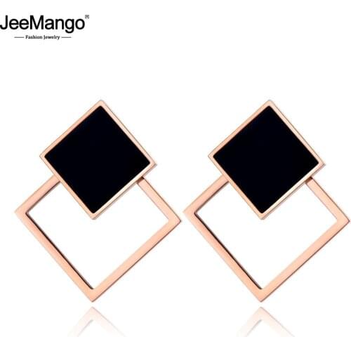 JeeMango Trendy Stainless Steel Rose Gold Black Acrylic Double Square Stud Earrings OL Style Geometric Jewelry For Women JE19077