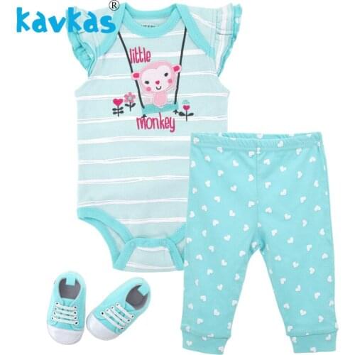 Kavkas Baby Girl Clothes Set Summer Newborn Cotton Baby Girl Jumpsuit (romper+Pants+shoes) Monkey Theme Infant Romper Set