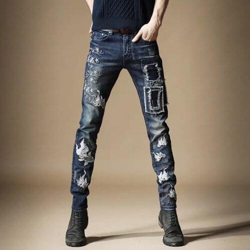Free Shipping New 2020 mens male Spring embroidered jeans men tide brand Slim patch patch Chinese style embroidery pants