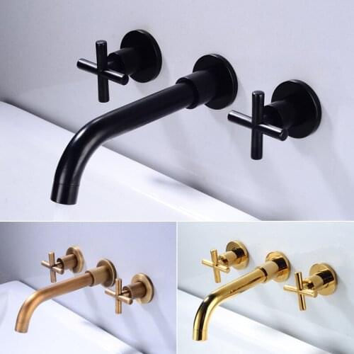 Basin Set 3 hole Brass Double Cross Handle Wall Mounted Bathroom Sink Faucet Hot Cold Tap In-Wall