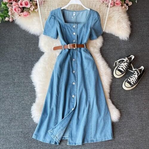 Summer new style niche over-the-knee long skirt temperament light mature wind square neck waist bubble sleeve denim dress women
