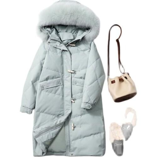 New Women Real Fox Fur Hooded Jacket Long 90% White Duck Down Coat Parkas Casual Warm Thick Parkas Winter Overcoat