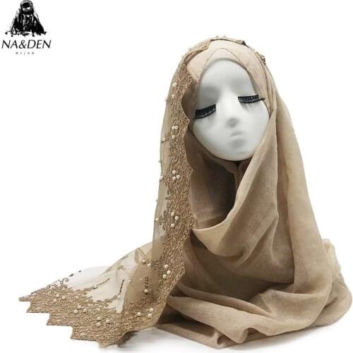 Solid viscose scarf with lace pearl scarves muslim women hijab patchwork striped eid bandana shawl 10pcs/lot fast shipping