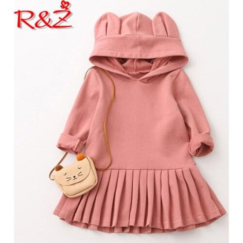 R&Z childrens dress 2019 spring and autumn new girls long-sleeved dress cotton solid color cartoon ear dress