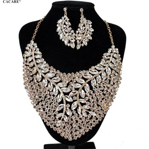 Luxury Dubai Gold Jewelry Sets Women Big Necklace Earring Set Indian Jewellery F1030 Rhinestone Party Jewels 4 Colors CACARE