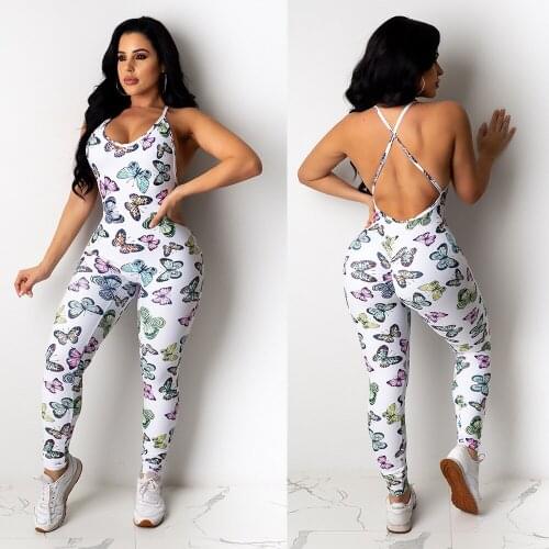 Sexy Europe America Butterfly Print Slim Backless Sling Bodysuit Temperament Commuter Casual Pants Beltless Milk Silk Tight