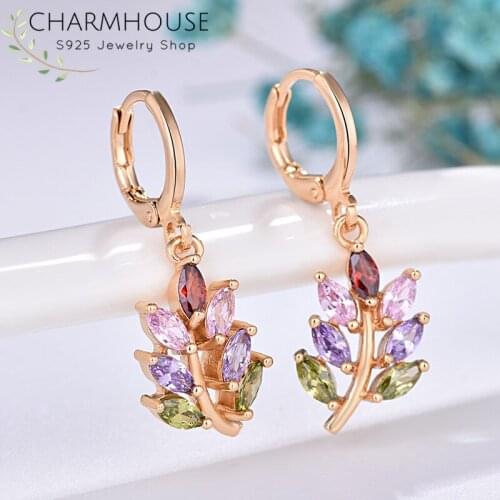 Charmhouse 18K Gold Color Earrings For Women Crystal Leaf Drop Earing Brincos Femme Wedding Bridal Jewelry Party Gifts