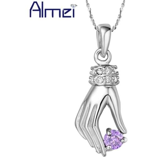 Almei 15%Off Bohemian Purple Hand Women Necklace Silver Color Bijoux Femme White CZ Zircon Necklaces Jewellery Pandent N361