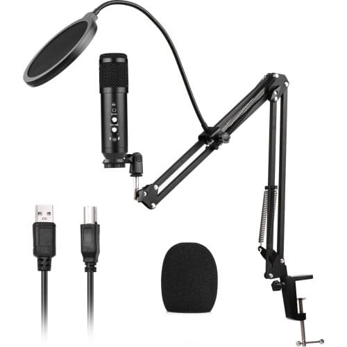 Studio Recording USB Condenser Microphone Mic Kit with Adjustable Suspension Scissor Arm Stand Pop Filter Windscreen USB Cable