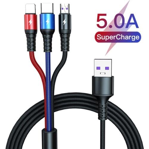 Super Charge 3 in 1 USB Cable for Huawei for iPhone 12 11 Pro Max 3in1 5A Fast Charge 8 Pin Micro USB Type C Cable for Samsung