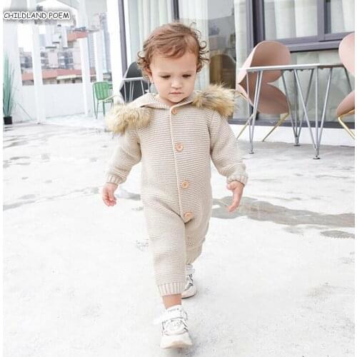 Knitting Baby Clothes Autumn Winter Newborn Baby Romper Hooded Faux Fur Baby Boy Girl Romper Outerwear Toddler Baby Jumpsuit