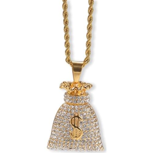 Hip Hop Full Rhinestones Bling Iced Out Gold Stainless Steel US Dollar Money Bag Pendants Necklace Men Rapper Jewelry $ Sign