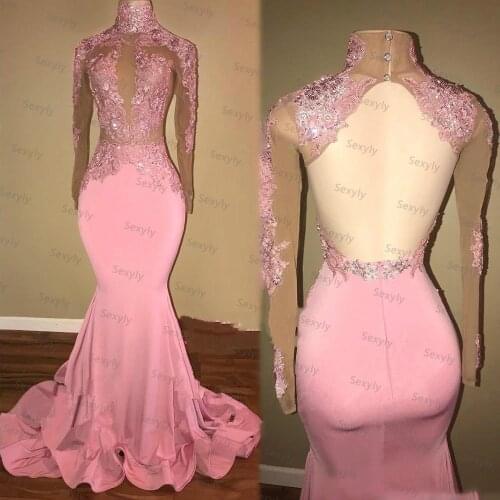 Gorgeous Pink Black Girls Evening Dress Illusion Top Lace Mermaid Long Sleeve Prom Dresses With Beaded Sexy Open Back Party Gown