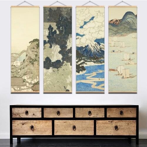 Vintage Ukiyoe Landscape Art Scroll Canvas Poster Wall Art Mountain View For Living Room Scroll Painting Wall Picture Poster