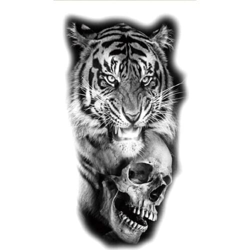 Temporary Tattoo Stickers Black Realistic Tiger King Skull Design Fake Tattoos Waterproof Tatoos Arm Large Size for Women Men