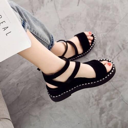 Thick-soled Sandals Women 2021 New One-word Buckle Sandals Womens Flat-bottomed Korean Version of Roman Wedge Sandals