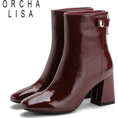 ORCHALISA Women Genuine Leather Square Heel Ankle Boots Round Toe Patent Leather Zip Designer Brand Big Size 42 Black Red S2311