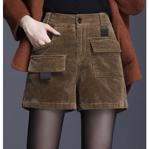 Fall Winter 2019 New Womens Female Elastic High Waisted Wide Leg Grey Black Brown Corduroy Shorts , Autumn 4xl Shorts for Woman