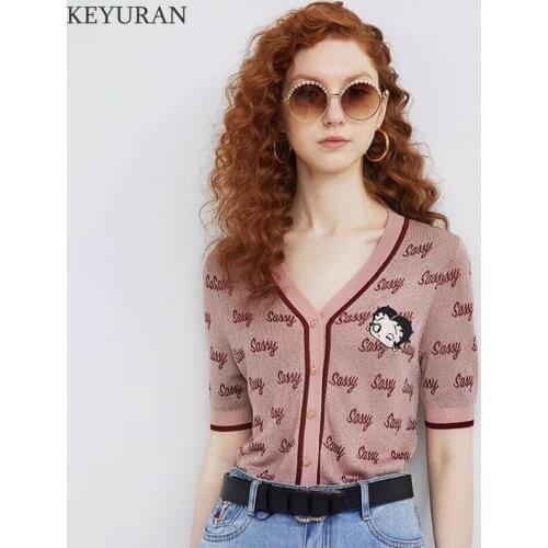2021 New Summer Short-sleeved Cardigan Sweater Female Retro Letter Pattern V-Neck Thin Cardigans Women Knitted Tops T Shirts
