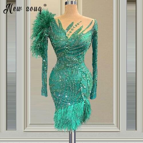 New Arrival Olive Green Mermaid Cocktail Dresses Sparkly Women Prom Dresses 2021 Turkish Couture Feathers Party Gowns Vestidos