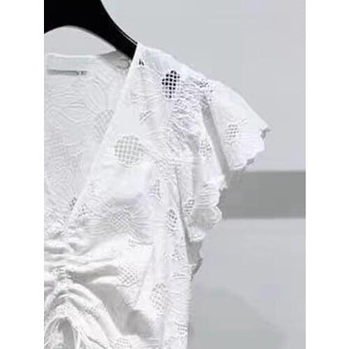 2021 spring and summer new French sweet style V-neck hook flower hollow ruffled dress