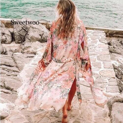 Rayon floral print boho Wrapped carding for women V-neck kimono sleeve beach summer coat long
