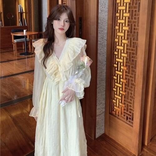 Hstar 2021 Spring and Autumn Waist V-neck Ruffled Long-sleeved Dress Women French Retro Niche Folds Solid Color Chiffon Dress
