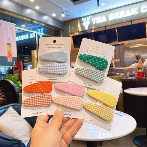 2 Pcs New Spring Korean Sweet Girl Simple Fresh Plaid Dot Fabric BB Clip Fashion Children Student Hairpins Hair Accessories