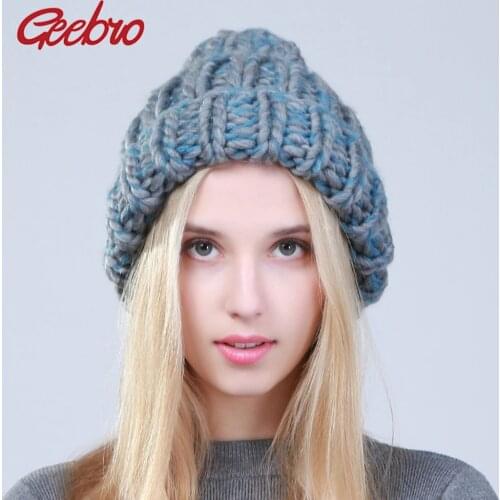 Geebro 2019 Female Winter Warm Mixed Color Beanies Handmade Thick Stick Knitted Coarse Lines Hat Crochet Women Lovely Caps