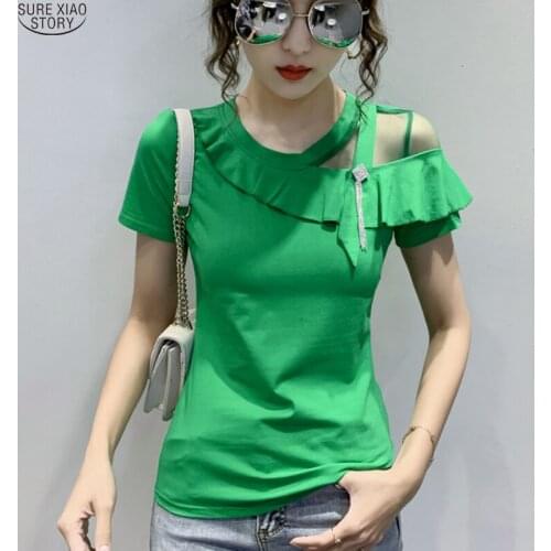 2021 Casual Cotton Solid Short Sleeve Blouse Women Slim Ladies Tops Summer Sexy Off Shoulder Lace Stitching Women Shirt 10061