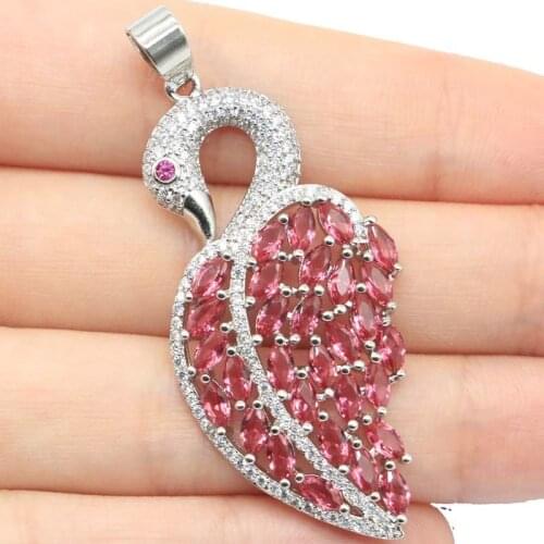 55x25mm SheCrown Big Swan Created Rhodolite Garnet Tourmaline For Women Engagement Silver Pendant Eye Catching