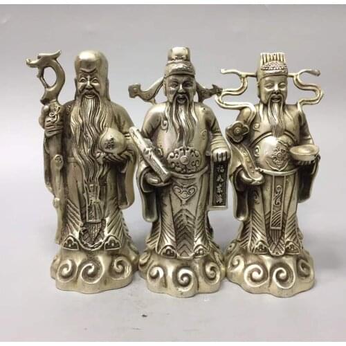 7" Chinese Tibet Buddhism Cupronickel 3 Longevity God Fu Lu Shou Life Mammon Wealth Statue Set God of Wealth Statue