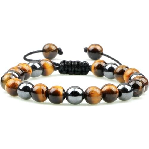 Men Natural Black Obsidian Hematite Tiger Eye Beads Bracelets Yoga Charm Bangle For Women Couple Weave Adjustable Jewelry Homme