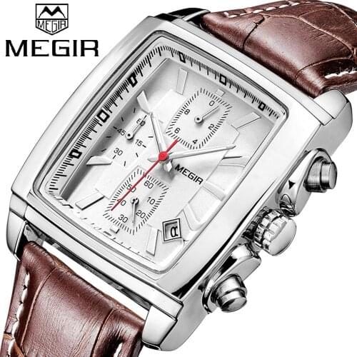 MEGIR Original Watch for Men with GIFT BOX Rectangle Quartz Military Watches Waterproof Luminous Leather Wristwatch Male Clock