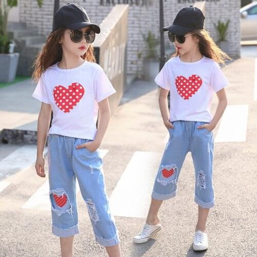 Kids Summer Clothes Set for Girl White T Shirt And Ripped Jeans Children Outfits 6 8 10 12 Years Girls Clothing Suits