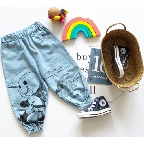 Tonytaobaby Autumn Boys and Girls Jeans Cute Cartoon Pattern Denim Blue Cotton Casual Pants