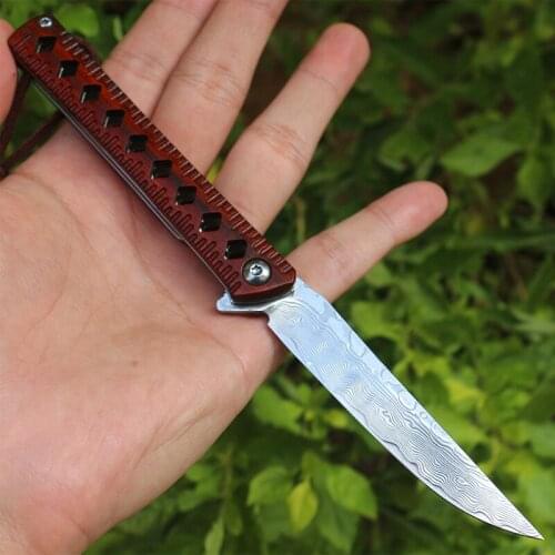 Free Shipping Sharp Damascus steel outdoor folding saber with wooden handle for camping tactical survival knife