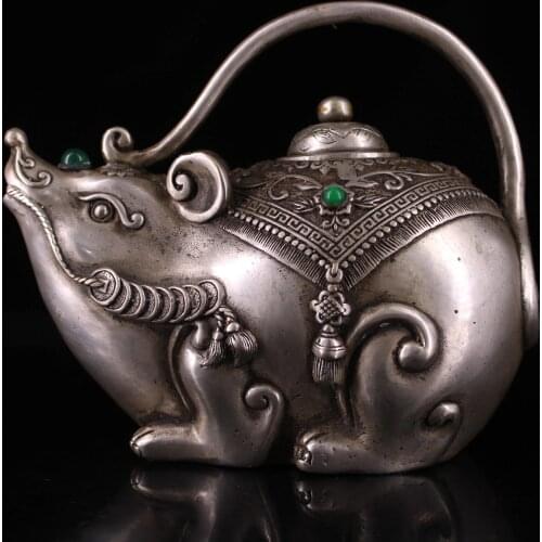 6"Chinese temple collection Old Bronze Gilt Gilt silver mosaic gem Lucky Rat Statue kettle teapot flagon Ornaments