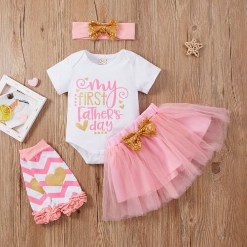 4Pcs Baby Clothing Toddler Outfits Baby Girls Letters Print Short Sleeves Romper+Tutu Skirt+Leg Warmer+Headband Set For 0-12M