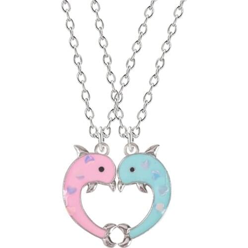 Good Friend 2 Piece Set Animal Necklace Pink Blue Little Dolphin Sequins Love Pendant Fashion Men And Women Jewelry Gift Hot