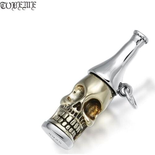 Handcrafted 925 Silver Skull Pendant vintage thai silver skeleton Beer-bottle man pendant pure silver PUNK Pendant