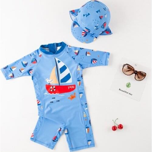 2020 New Arrival Lovely Sailboat Baby Boy Swimwear with Swimming Cap/Handsome Beach Sunscreen Surfing Swimsuit3225