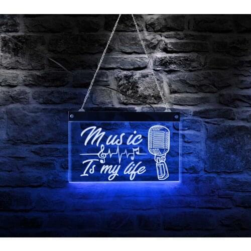 Music Is My Life Rectangle Acrylic NEON Wall Lighted Board Microphone Icon Electronic Display Art Music Studio Illuminated Decor